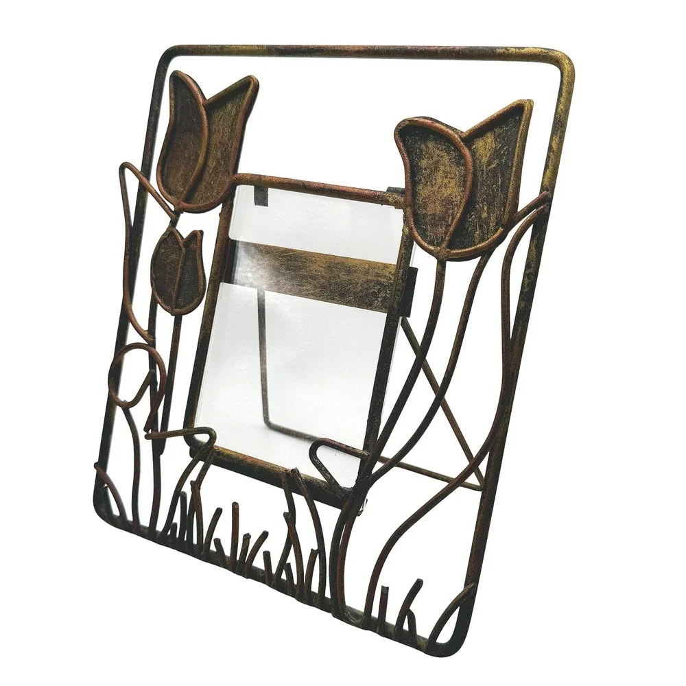 Metal Tulip Picture Frame Floral Tulip Rustic Folk Art Tabletop Photo Holder